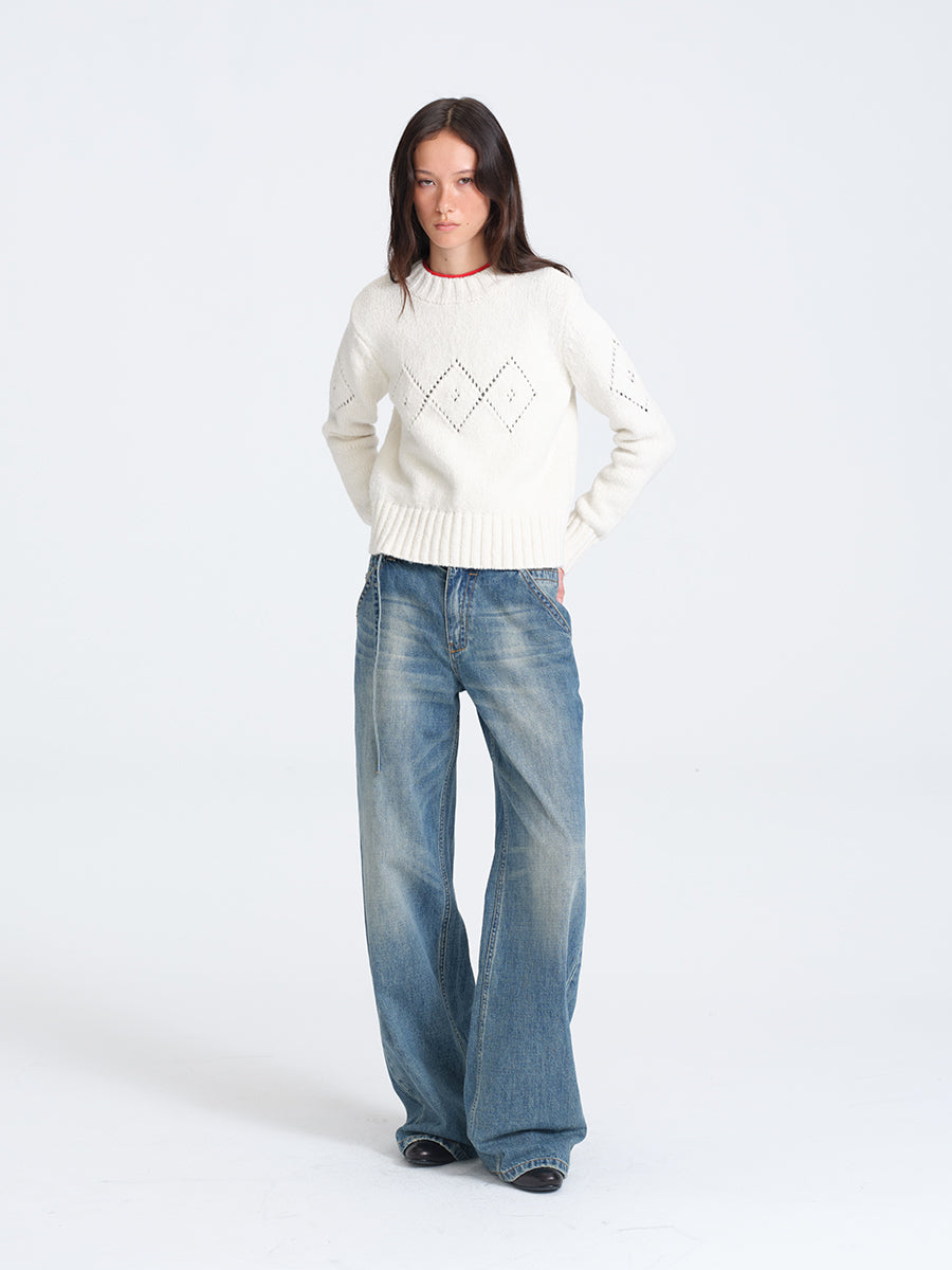 Hughum White Diamond-Pattern Crochet Sweater