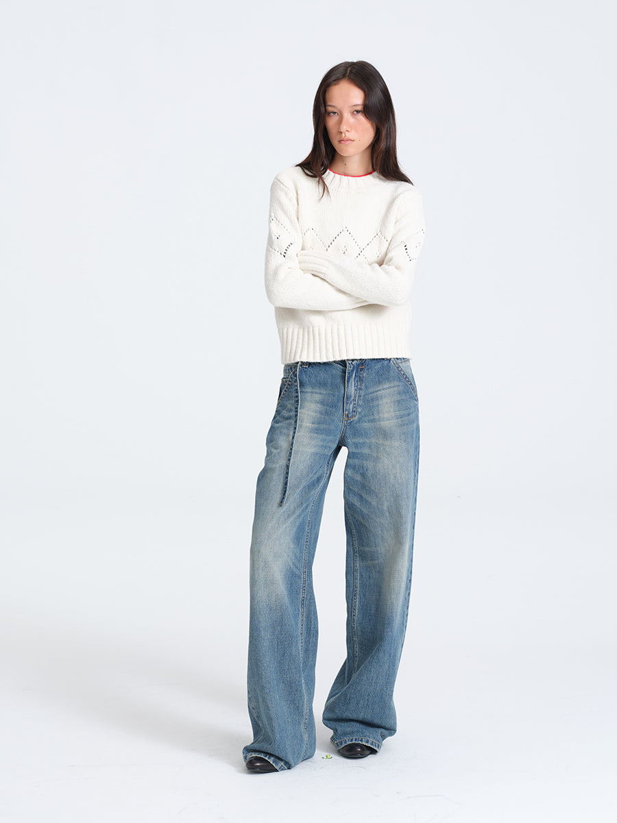 Hughum White Diamond-Pattern Crochet Sweater