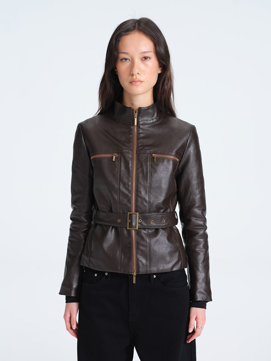 HUGHUM Brown Waisted Leather Jacket