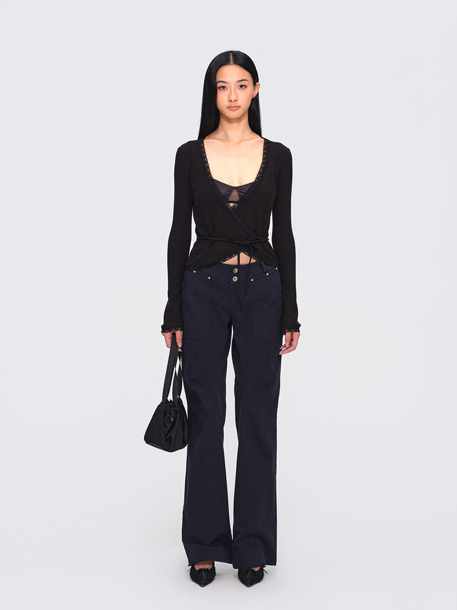 Dotyears Two-Tone Cross-Wrap Cardigan with Lace Insets