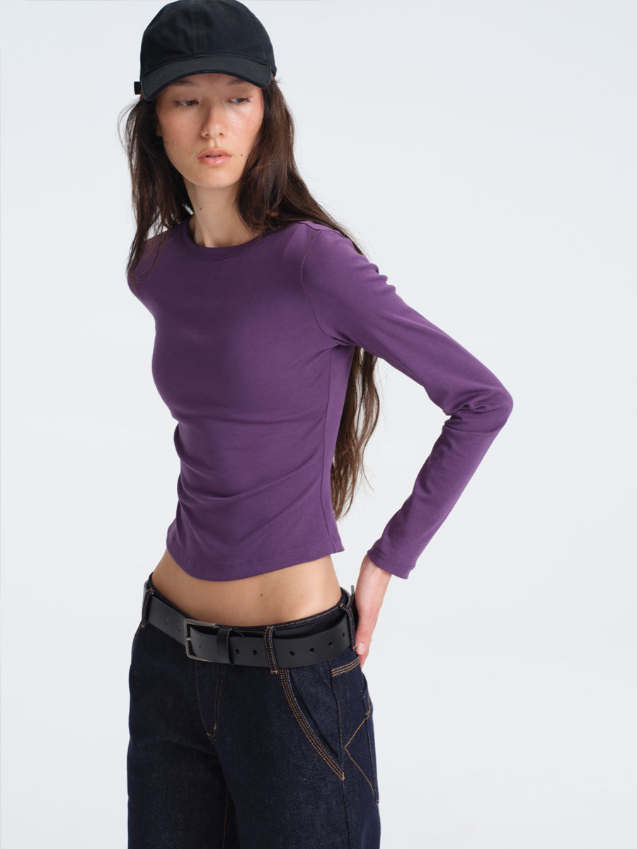 Hughum Solid Color Crewneck Knit Long Sleeve Top