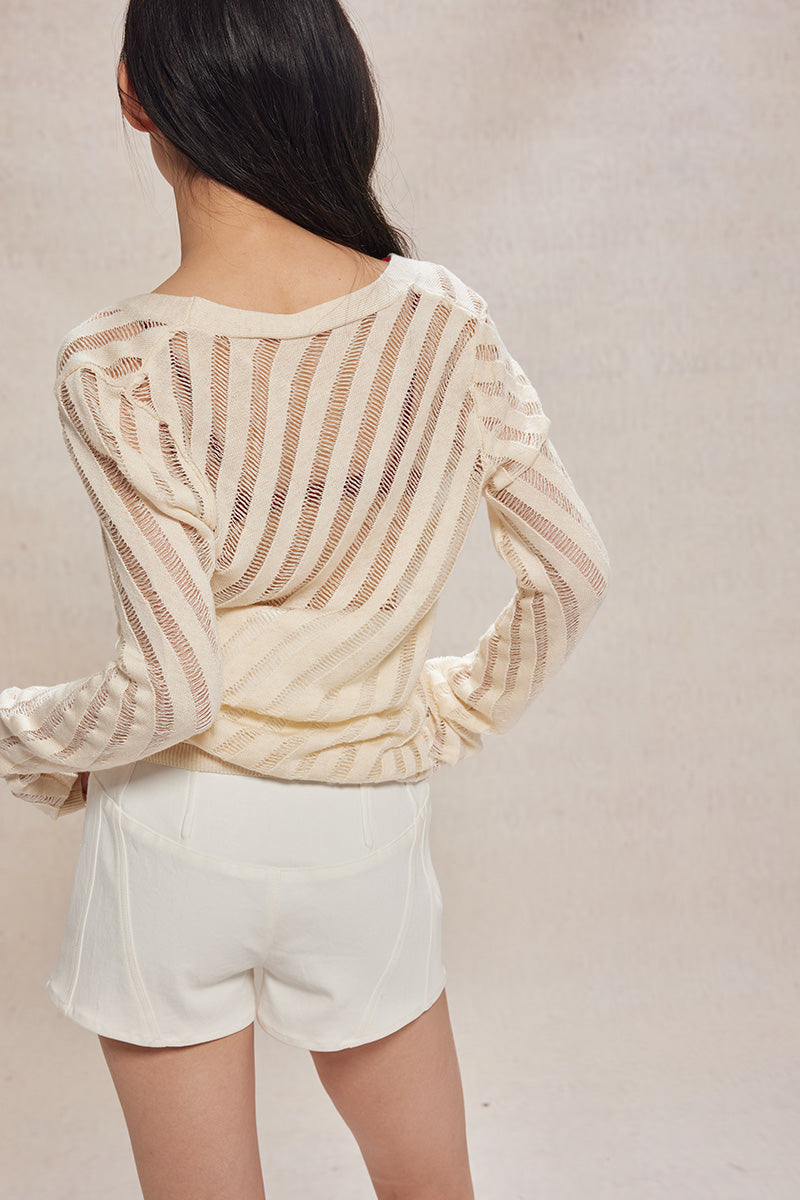 Dotyears24ss Cut-out thin silver thread knitted long-sleeved cardigan