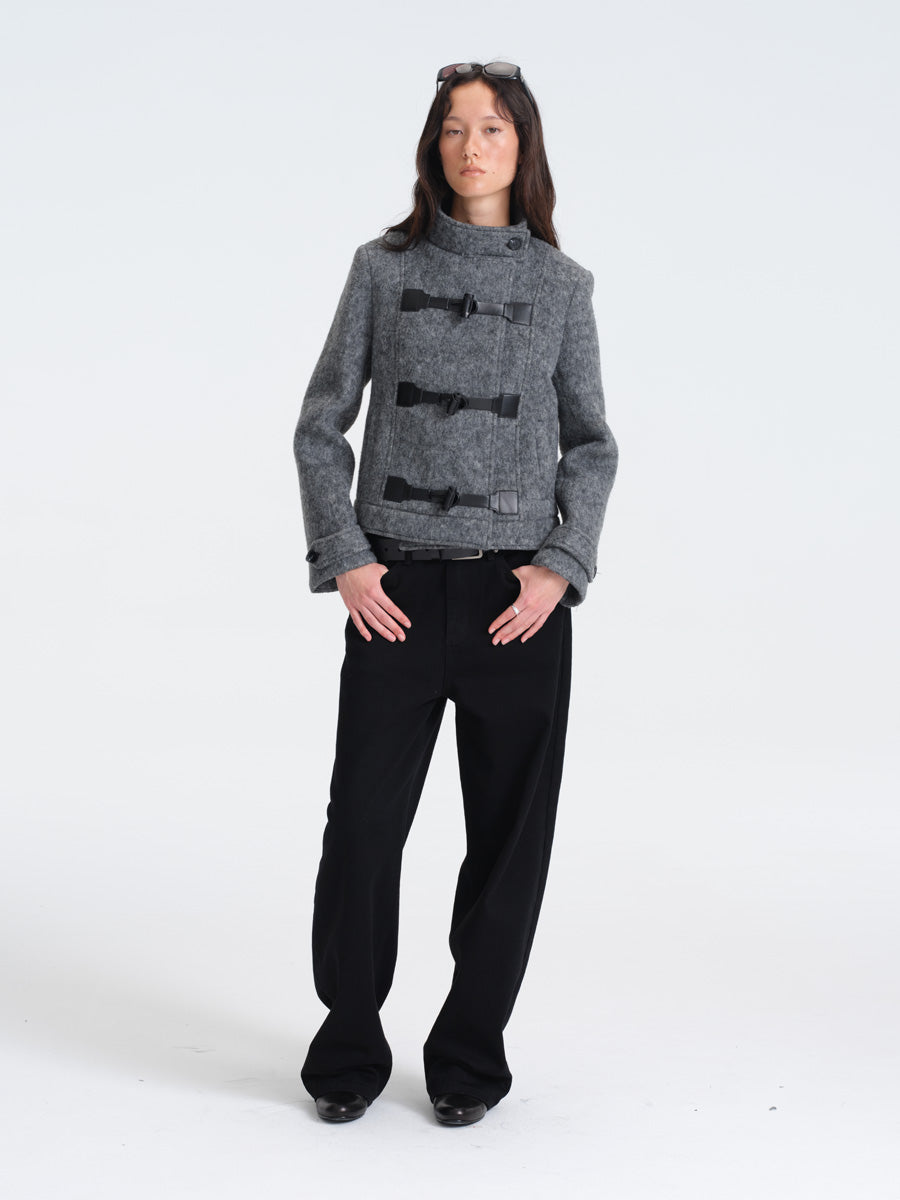 Hughum Gray Wool Coat with Leather Buttons