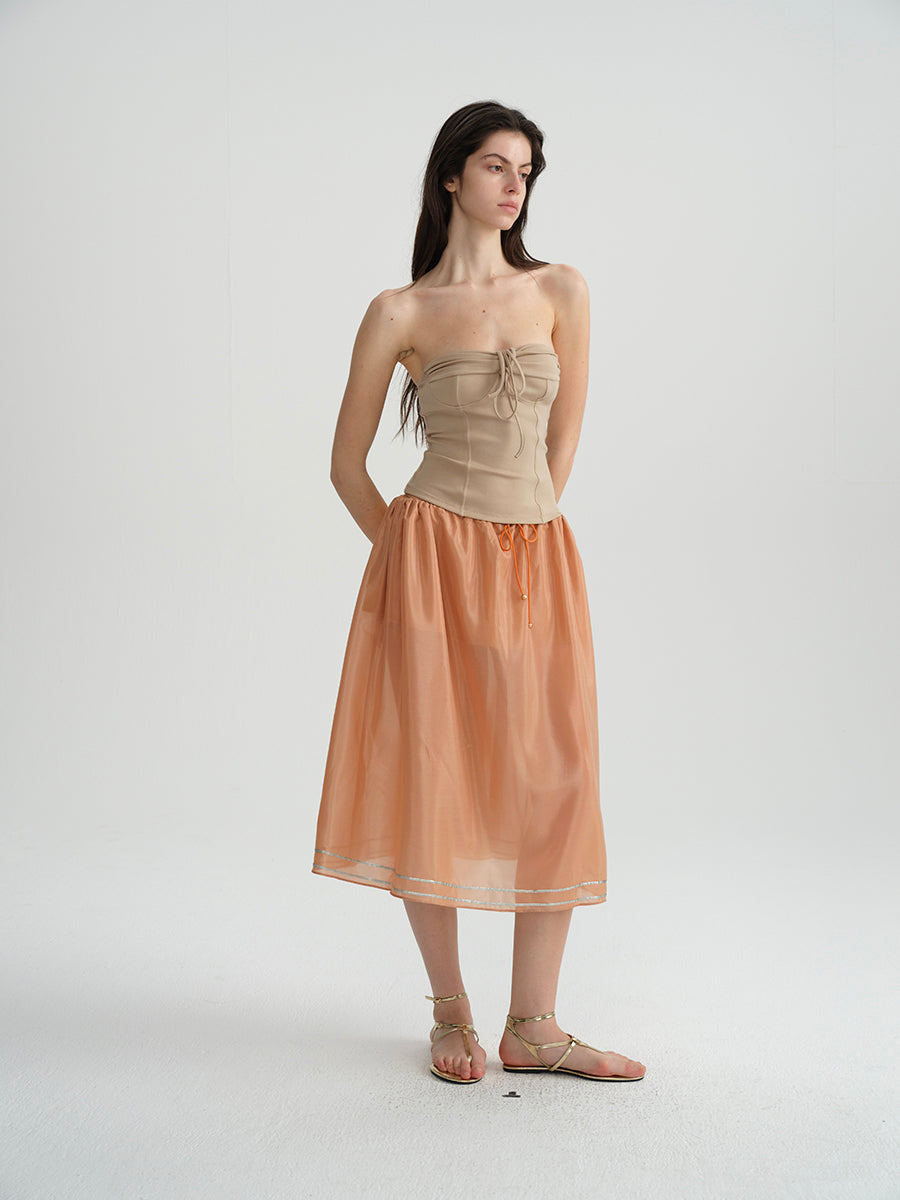 Dotyears Orange Tencel hem embroidered beaded skirt