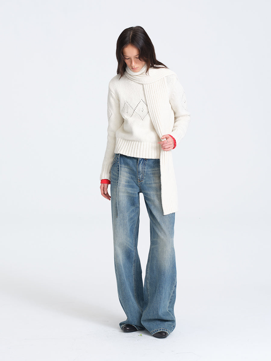 Hughum White Diamond-Pattern Crochet Sweater