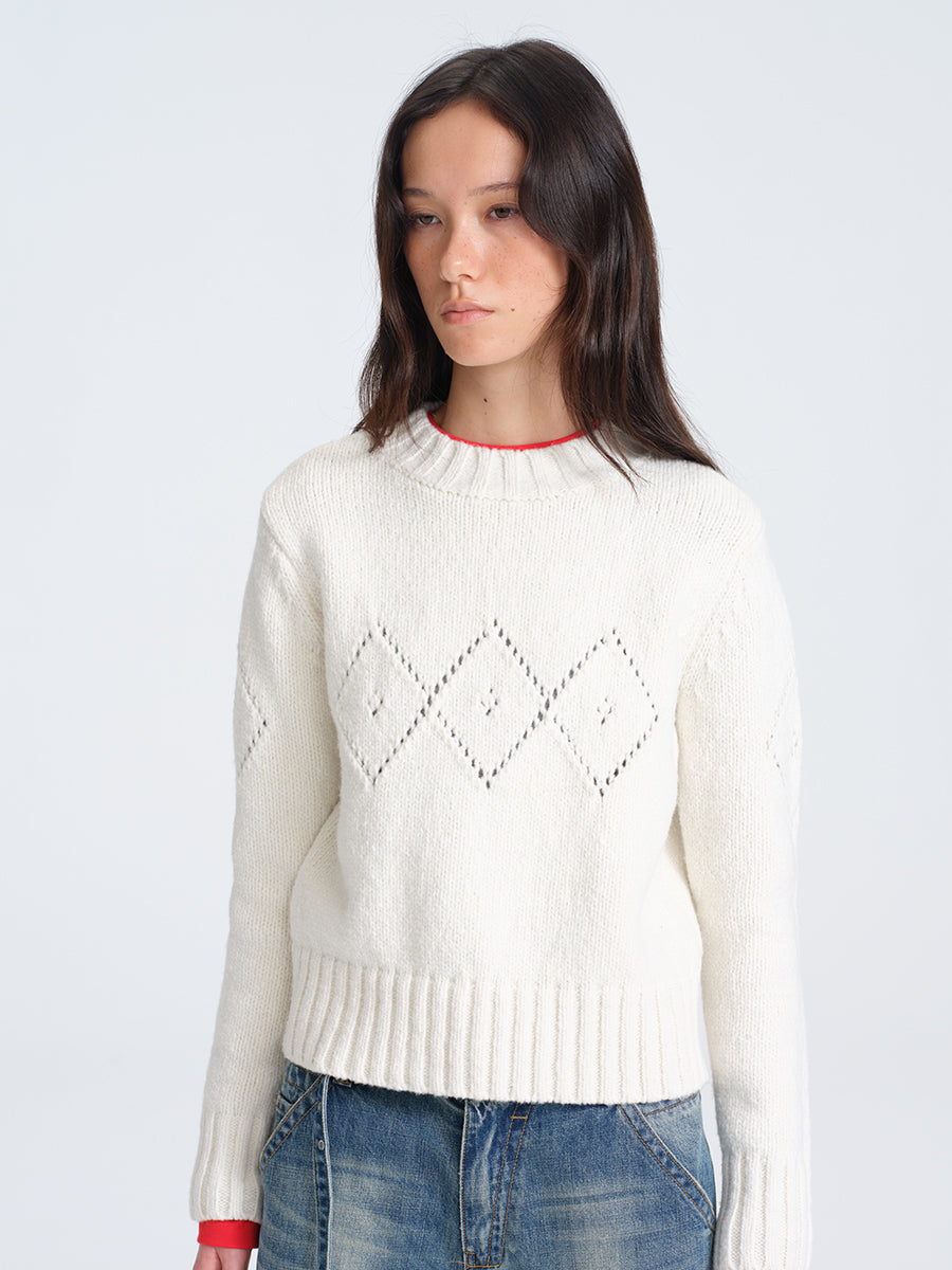 Hughum White Diamond-Pattern Crochet Sweater