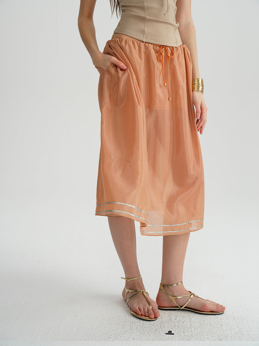 Dotyears Orange Tencel hem embroidered beaded skirt