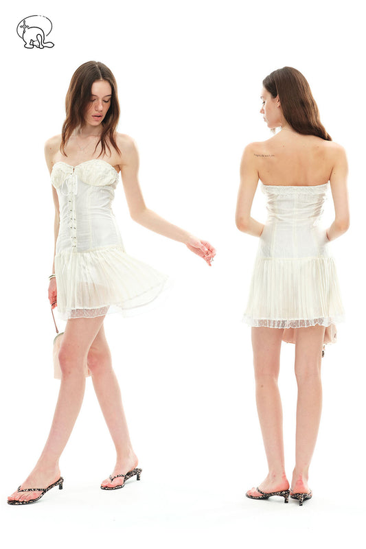 Dotyears White Acetate Lace Panel Tie Strapless Dress