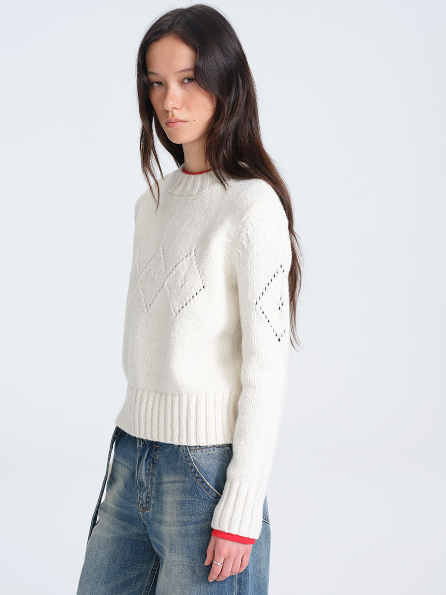Hughum White Diamond-Pattern Crochet Sweater