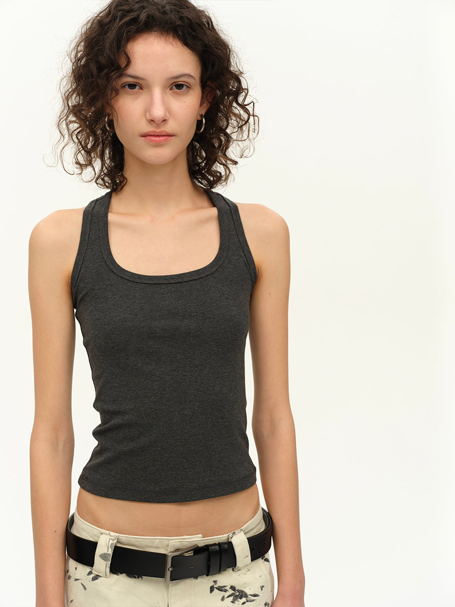 Hughum Square collar racerback rose red grey knitted vest