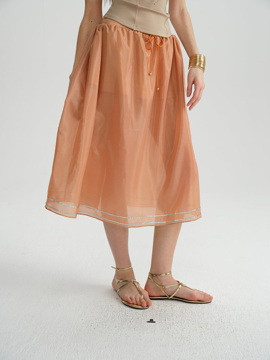 Dotyears Orange Tencel hem embroidered beaded skirt