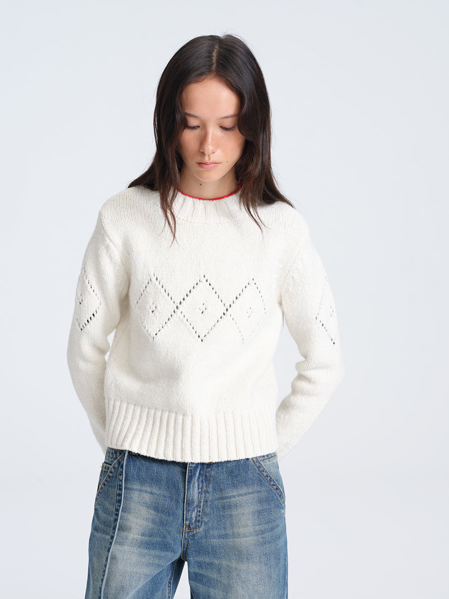 Hughum White Diamond-Pattern Crochet Sweater