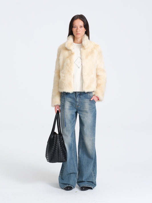 HUGHUM Beige Short Faux Fur Jacket