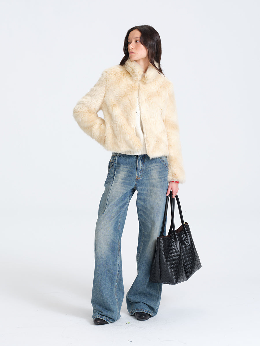HUGHUM Beige Short Faux Fur Jacket
