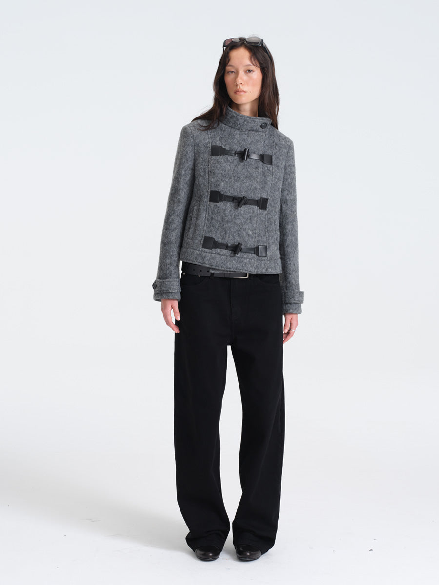 Hughum Gray Wool Coat with Leather Buttons