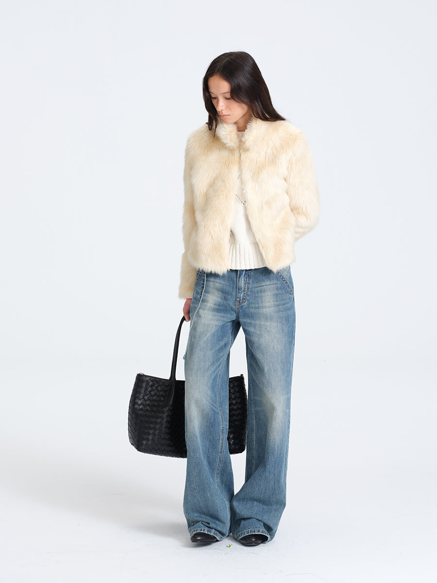 HUGHUM Beige Short Faux Fur Jacket
