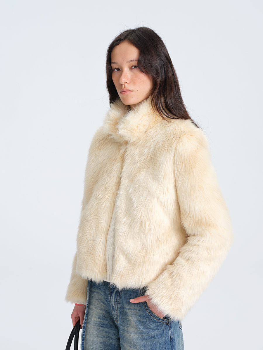 HUGHUM Beige Short Faux Fur Jacket