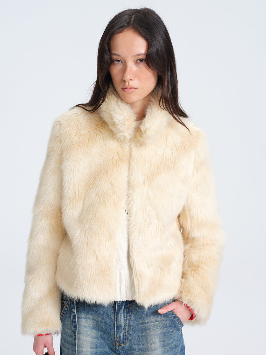 HUGHUM Beige Short Faux Fur Jacket