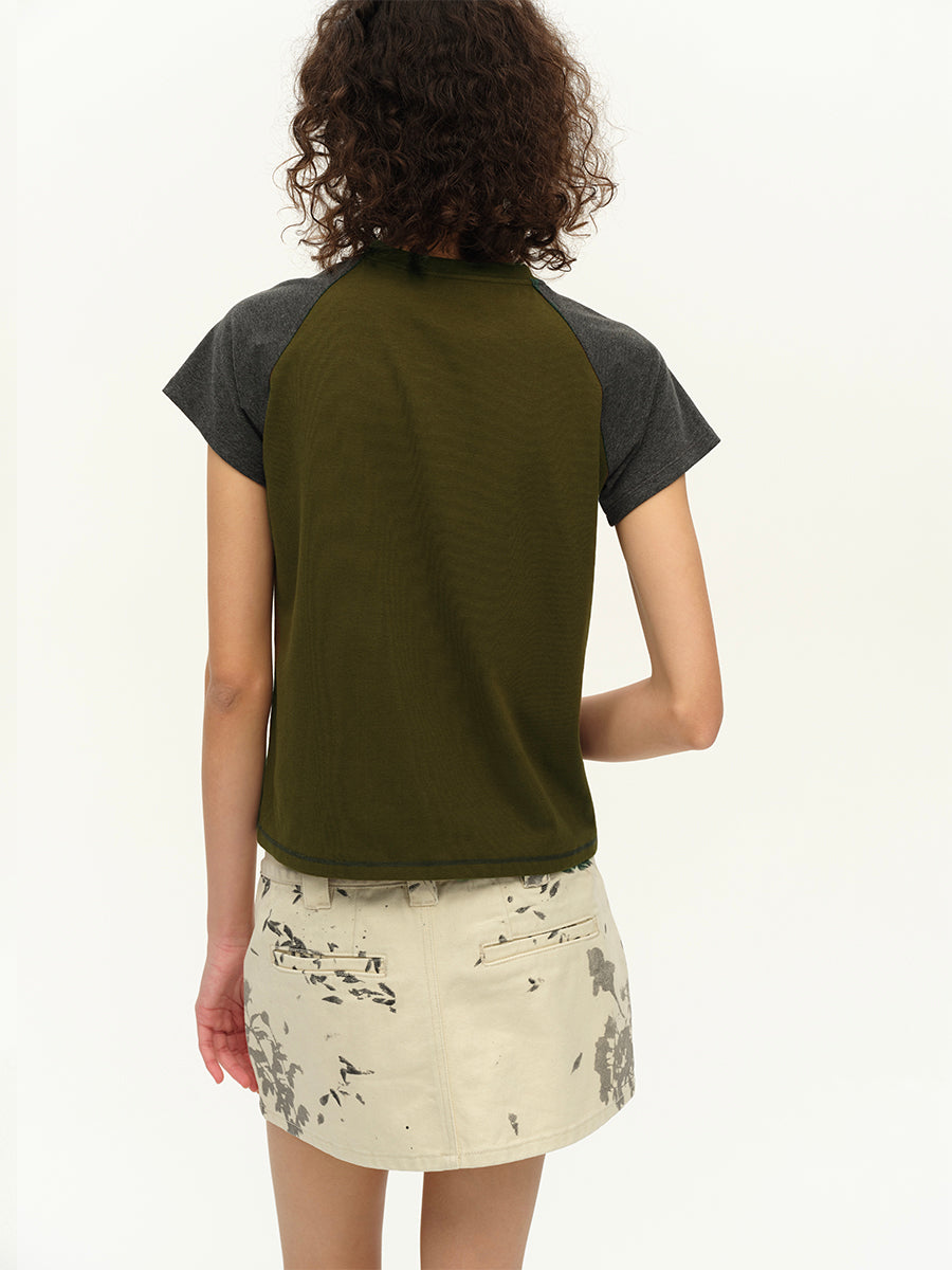 Hughum Raglan Sleeve Color-Blocked Cotton-Feel Short-Sleeve T-Shirt