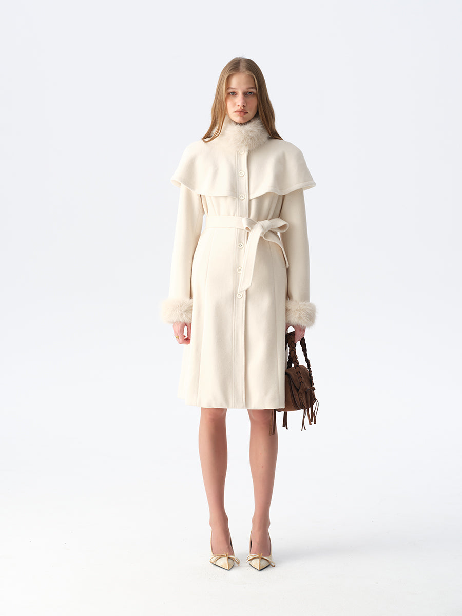 Dotyears White Cape-Style Coat with Detachable Faux Fur Collar
