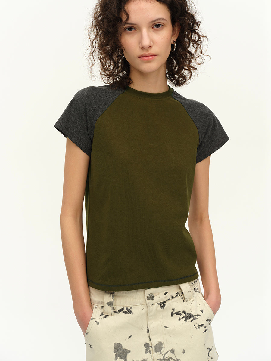 Hughum Raglan Sleeve Color-Blocked Cotton-Feel Short-Sleeve T-Shirt