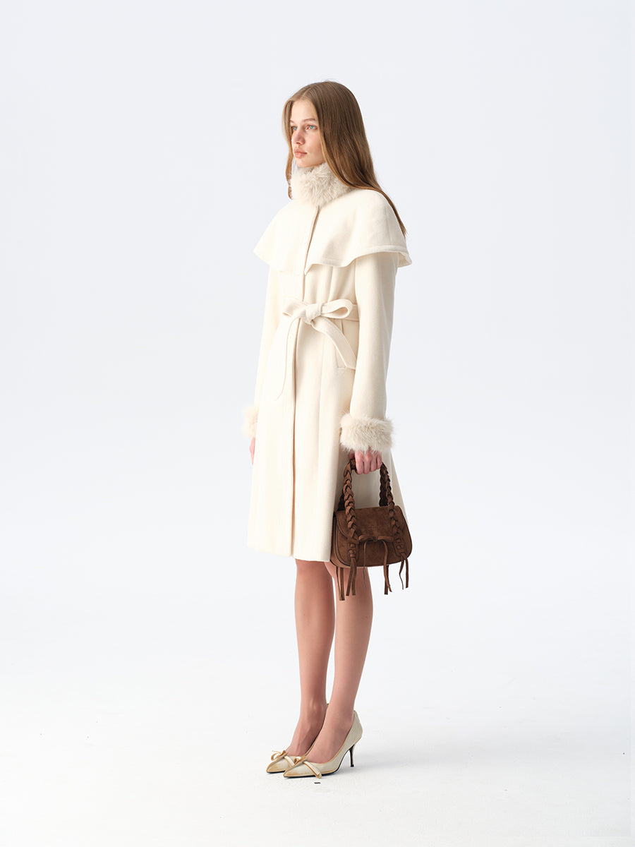 Dotyears White Cape-Style Coat with Detachable Faux Fur Collar