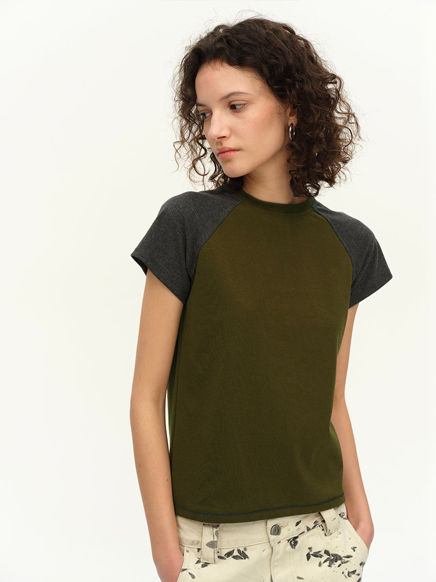Hughum Raglan Sleeve Color-Blocked Cotton-Feel Short-Sleeve T-Shirt