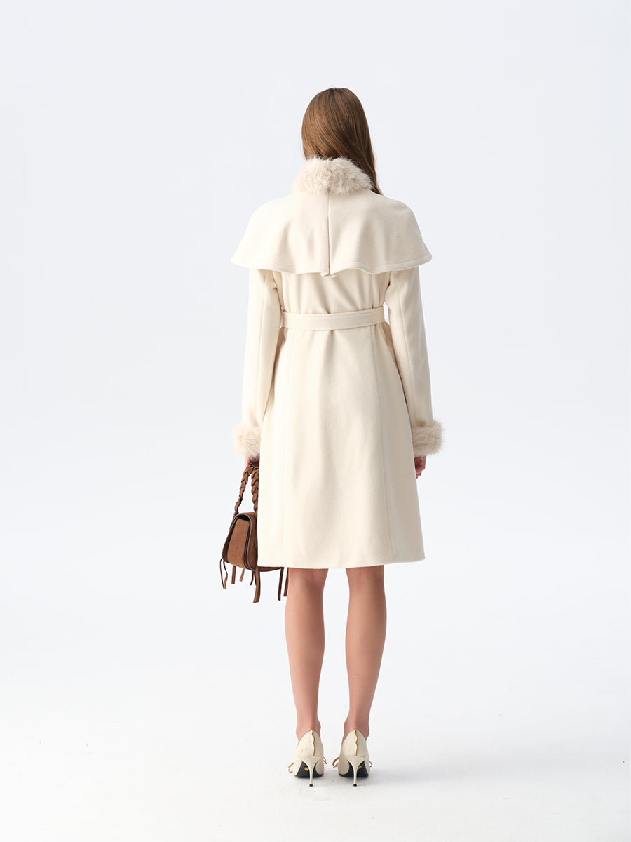 Dotyears White Cape-Style Coat with Detachable Faux Fur Collar