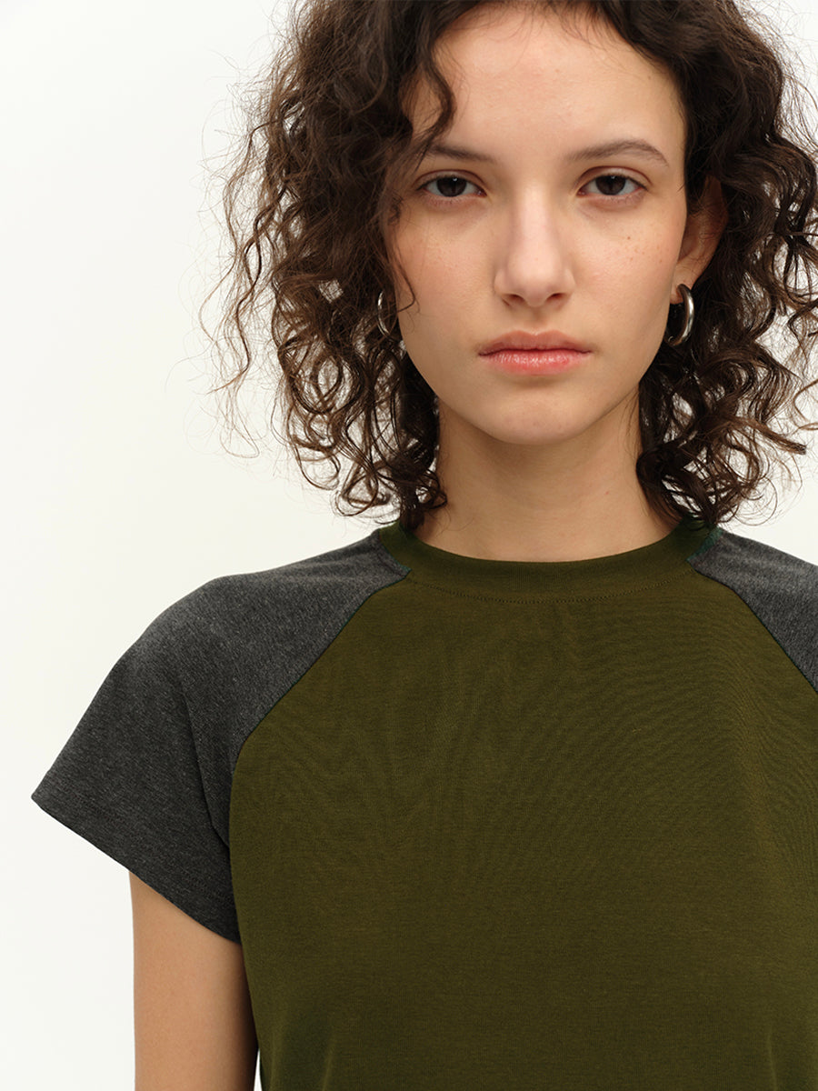 Hughum Raglan Sleeve Color-Blocked Cotton-Feel Short-Sleeve T-Shirt