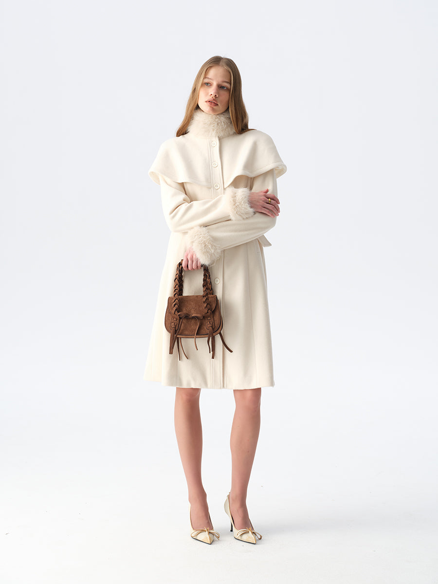 Dotyears White Cape-Style Coat with Detachable Faux Fur Collar