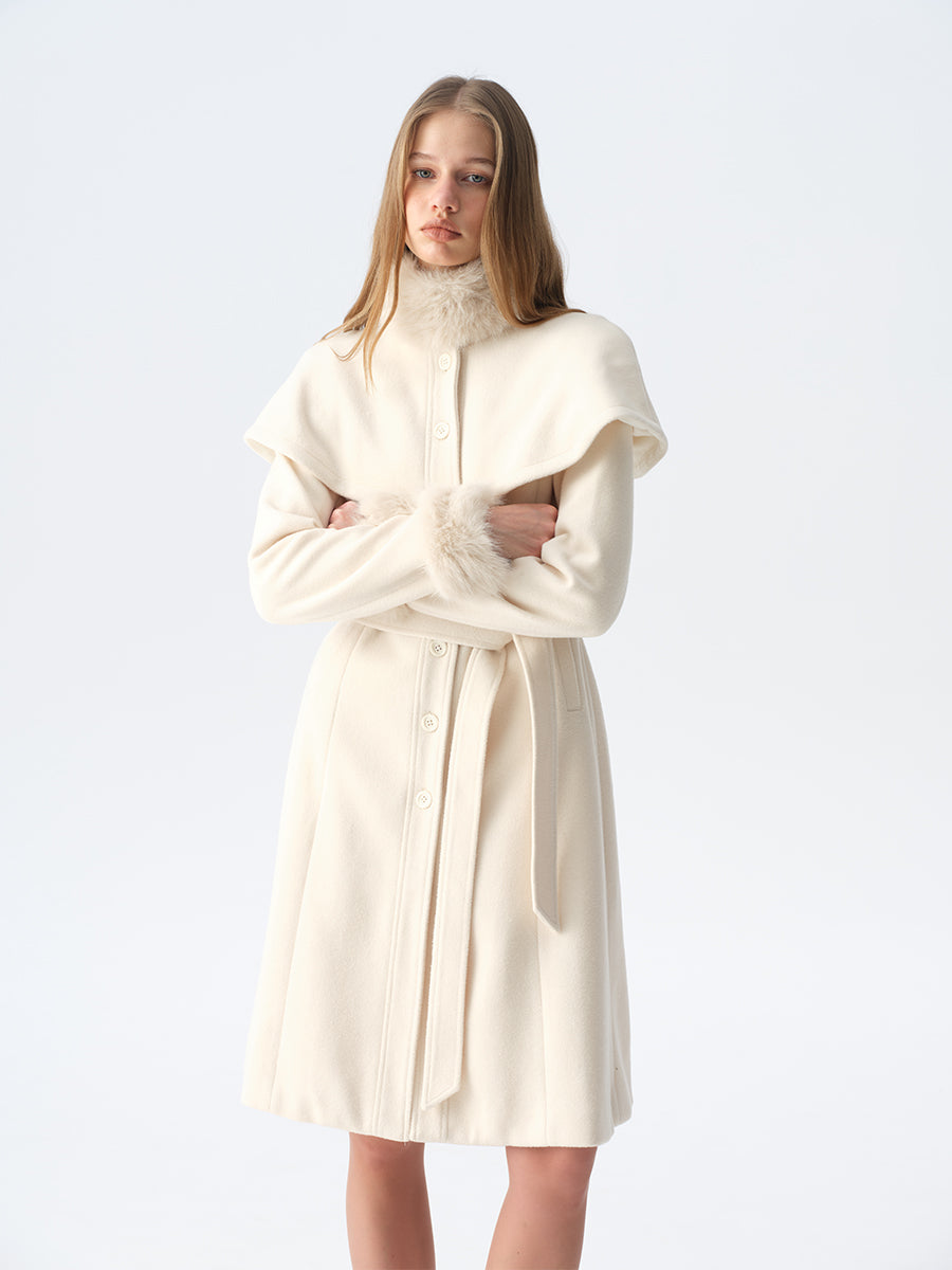 Dotyears White Cape-Style Coat with Detachable Faux Fur Collar