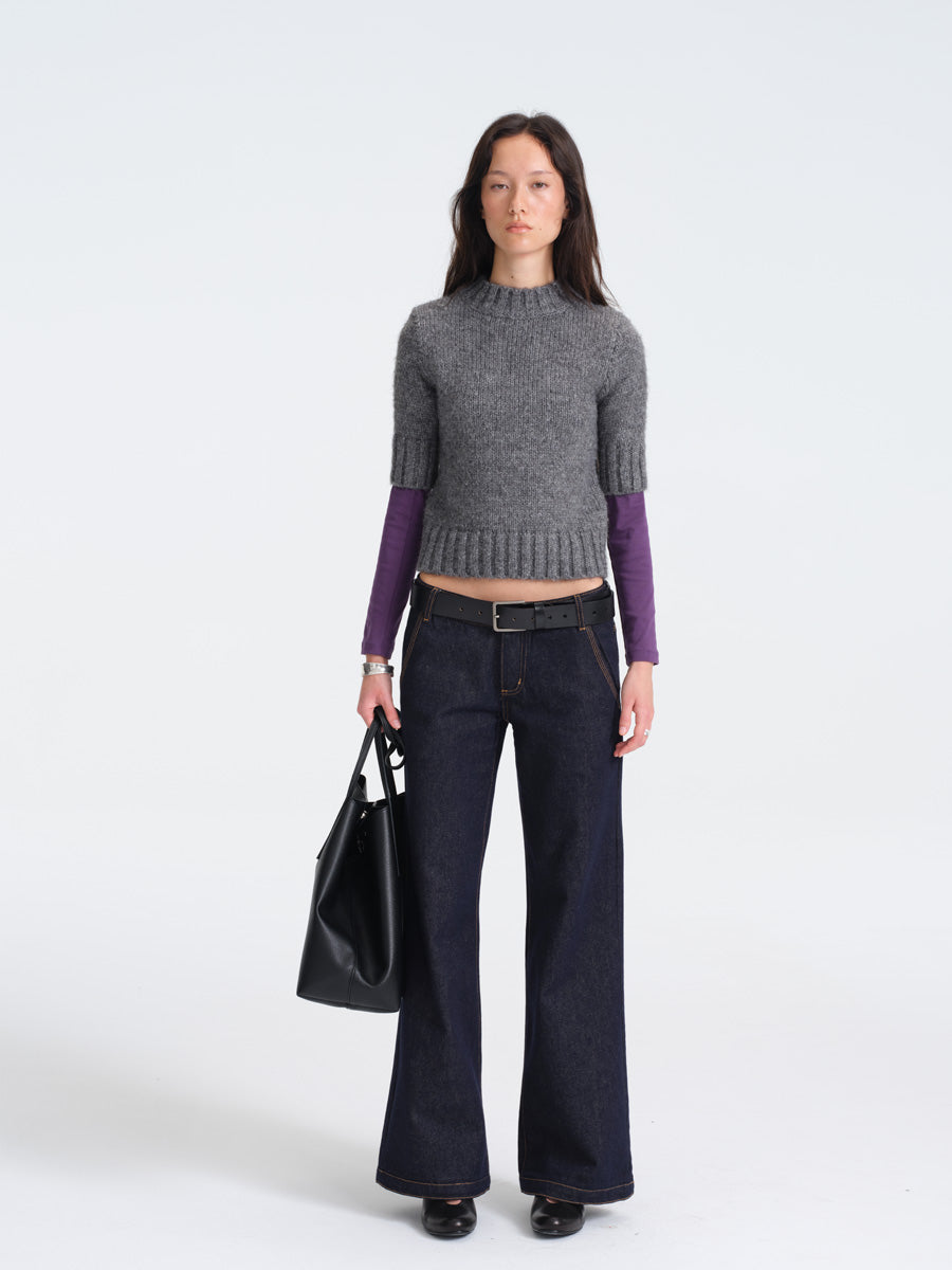 Hughum Gray Chunky Knit Mid-Sleeve Sweater