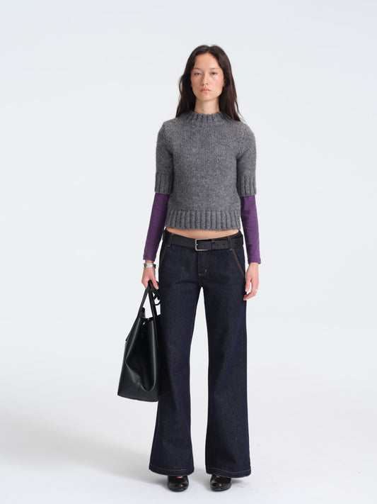 Hughum Gray Chunky Knit Mid-Sleeve Sweater