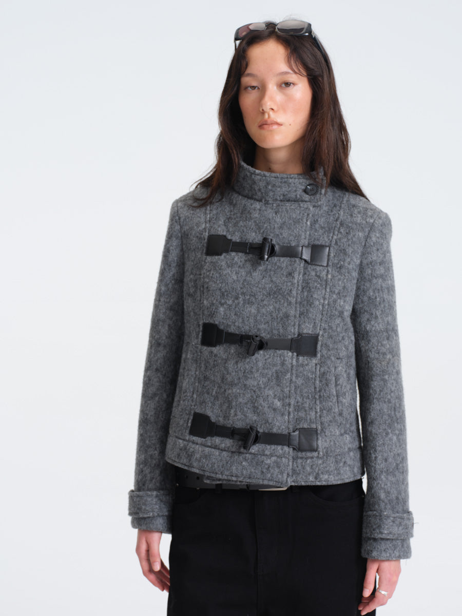 Hughum Gray Wool Coat with Leather Buttons