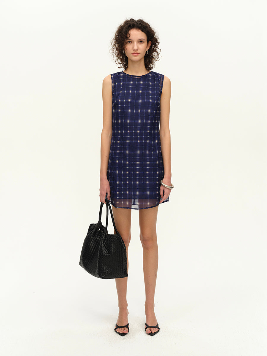 Hughum Purple vintage plaid print mesh turtleneck dress