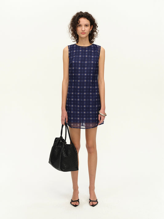 Hughum Purple vintage plaid print mesh turtleneck dress