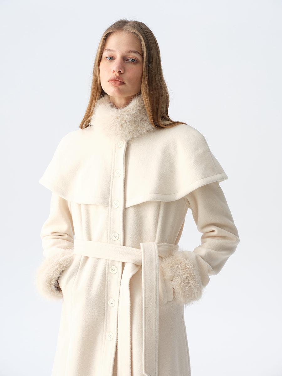 Dotyears White Cape-Style Coat with Detachable Faux Fur Collar