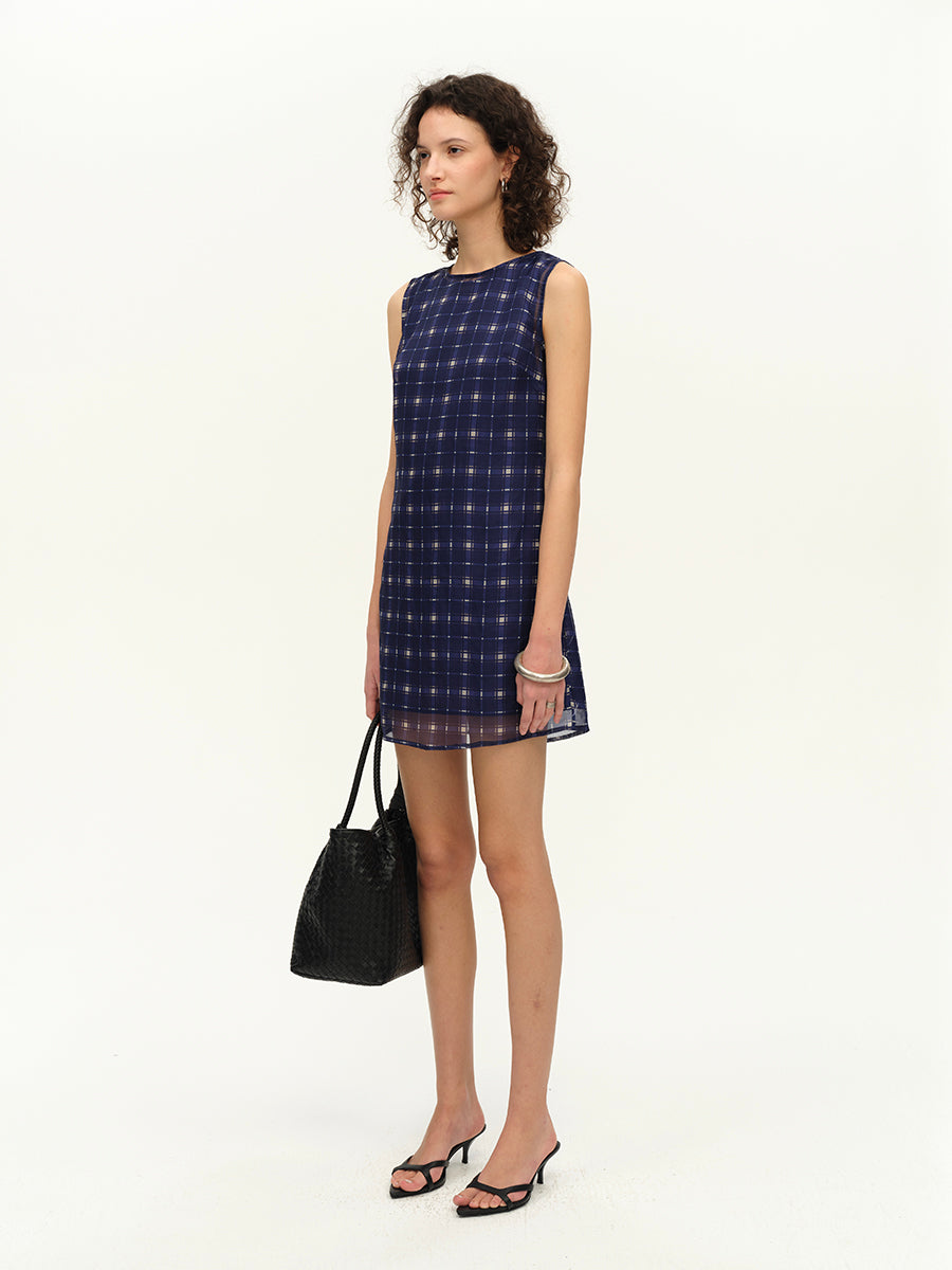 Hughum Purple vintage plaid print mesh turtleneck dress