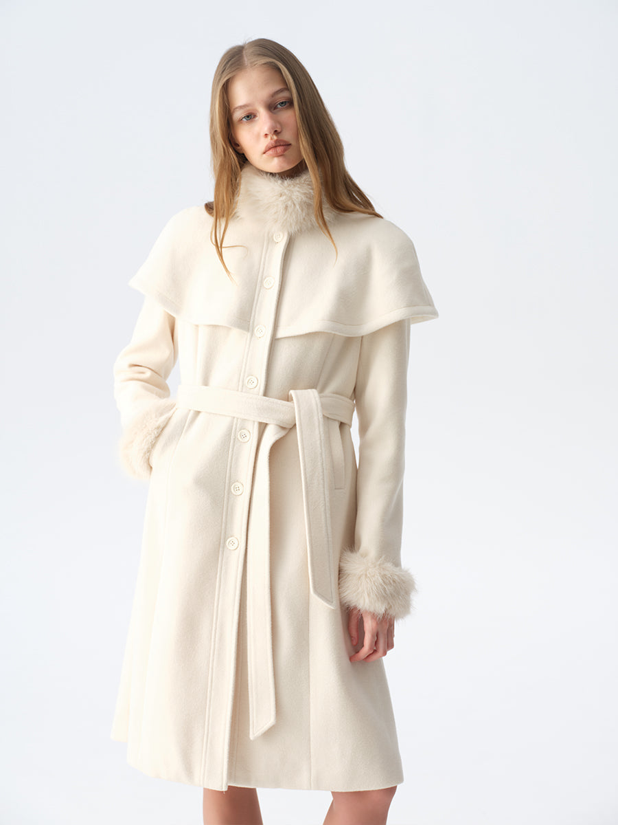 Dotyears White Cape-Style Coat with Detachable Faux Fur Collar