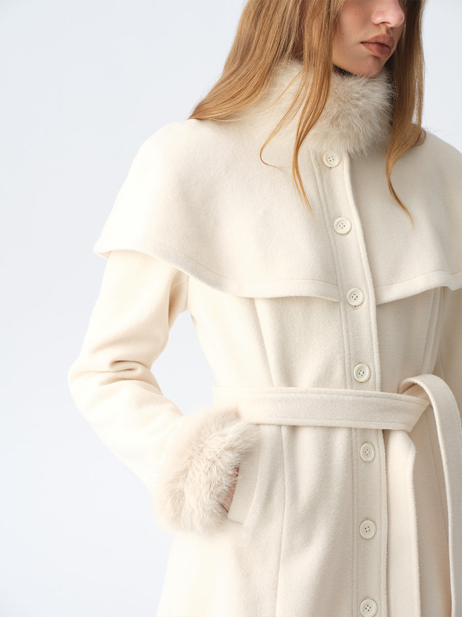 Dotyears White Cape-Style Coat with Detachable Faux Fur Collar