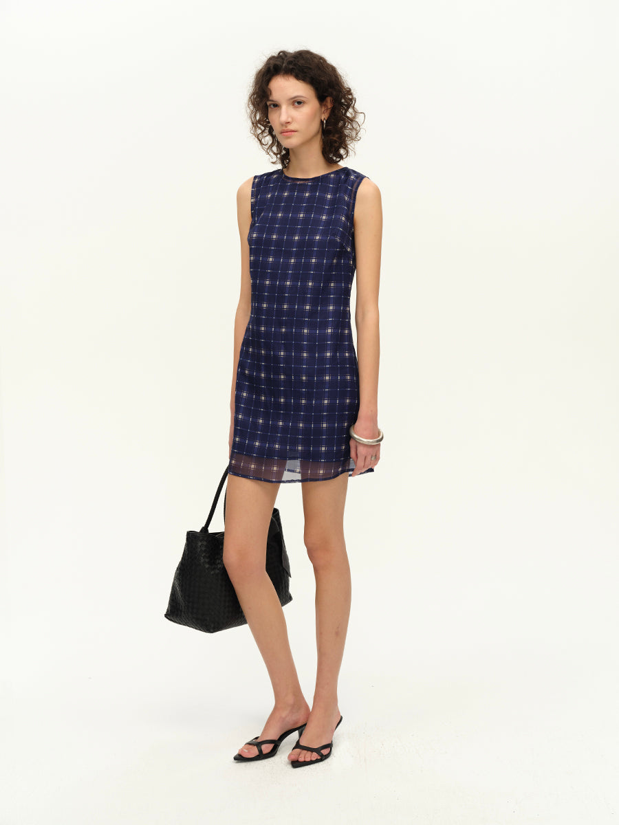 Hughum Purple vintage plaid print mesh turtleneck dress