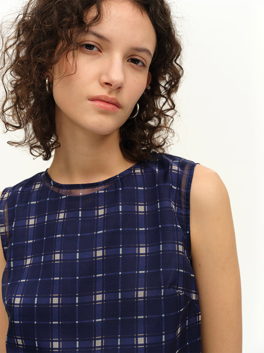 Hughum Purple vintage plaid print mesh turtleneck dress