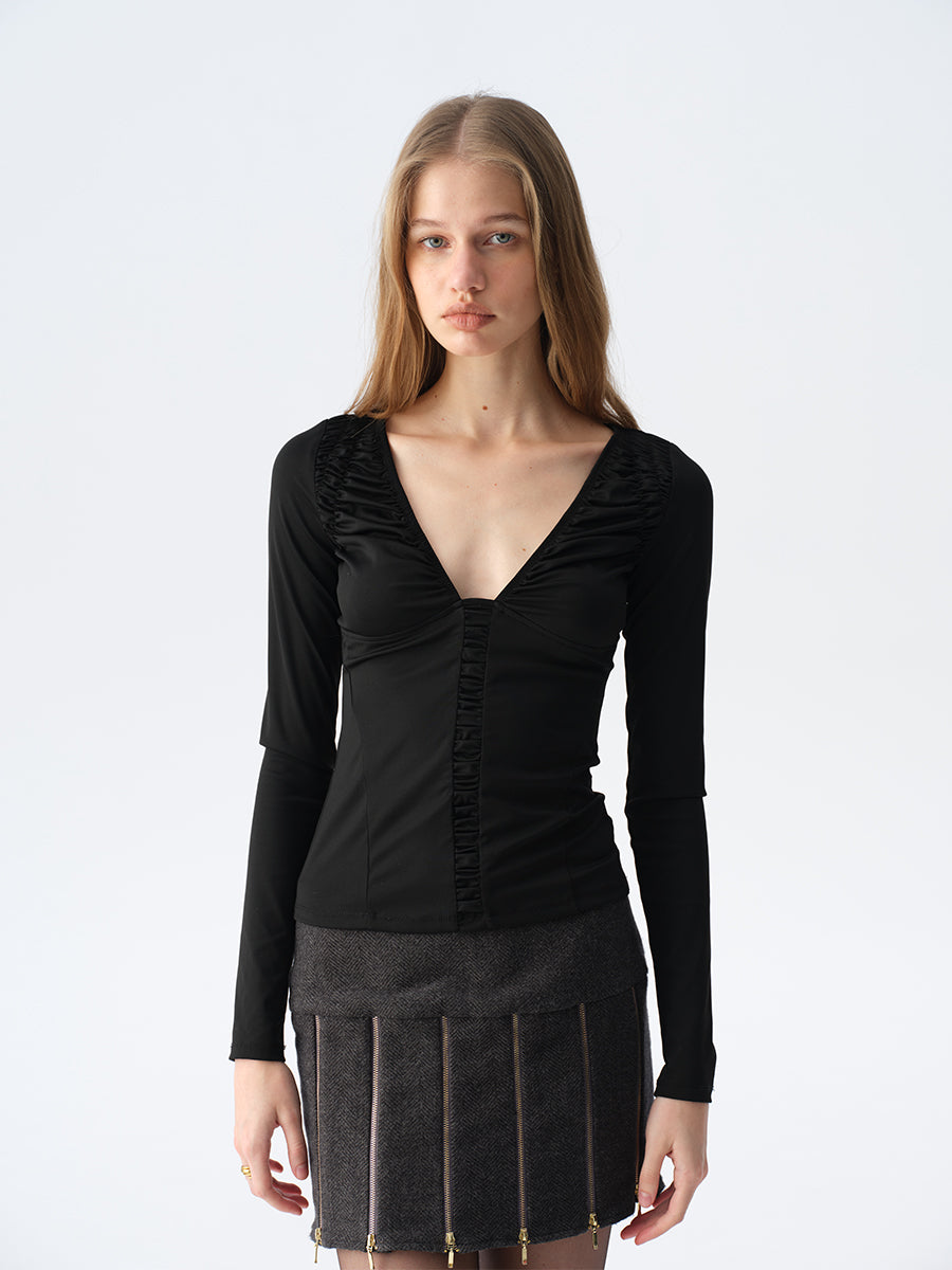 Dotyears Ruffled Plunging Neckline Top in Black & Purple