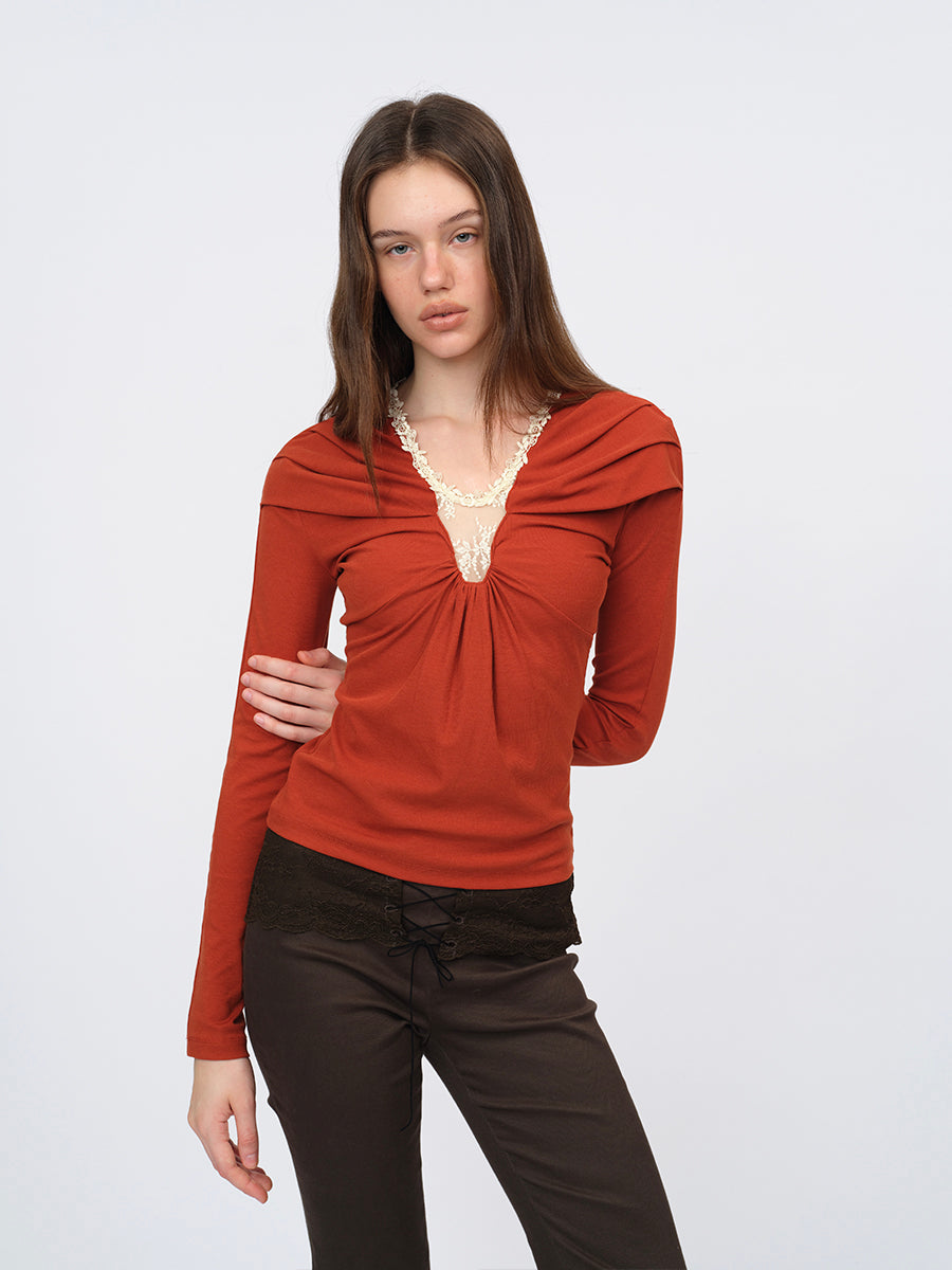 Dotyears Tangerine Top with Structural Pleats and Panels