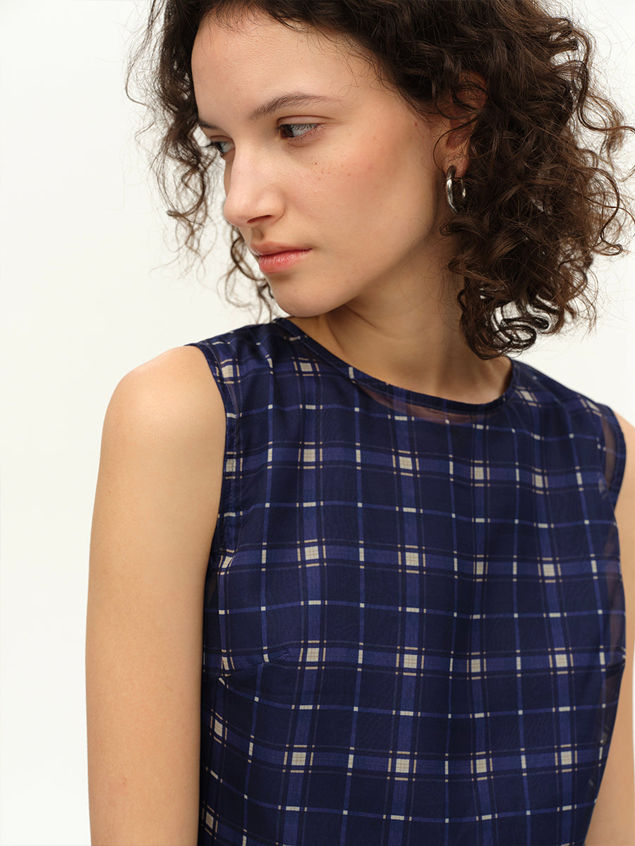 Hughum Purple vintage plaid print mesh turtleneck dress