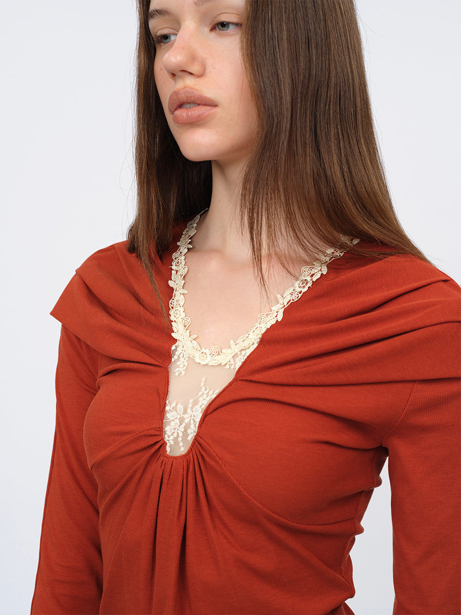 Dotyears Tangerine Top with Structural Pleats and Panels