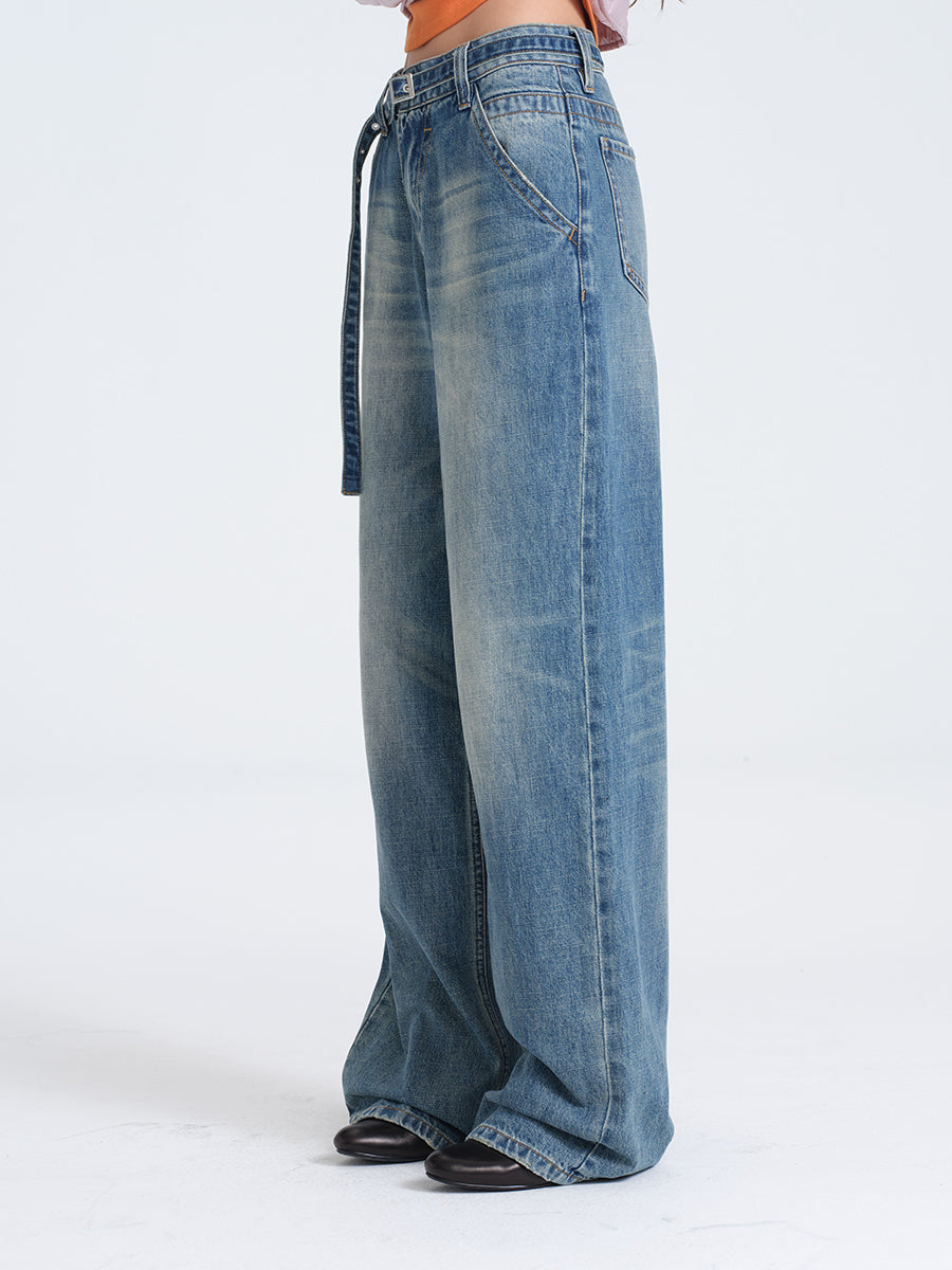 HUGHUM Washed Blue Jeans with Belt