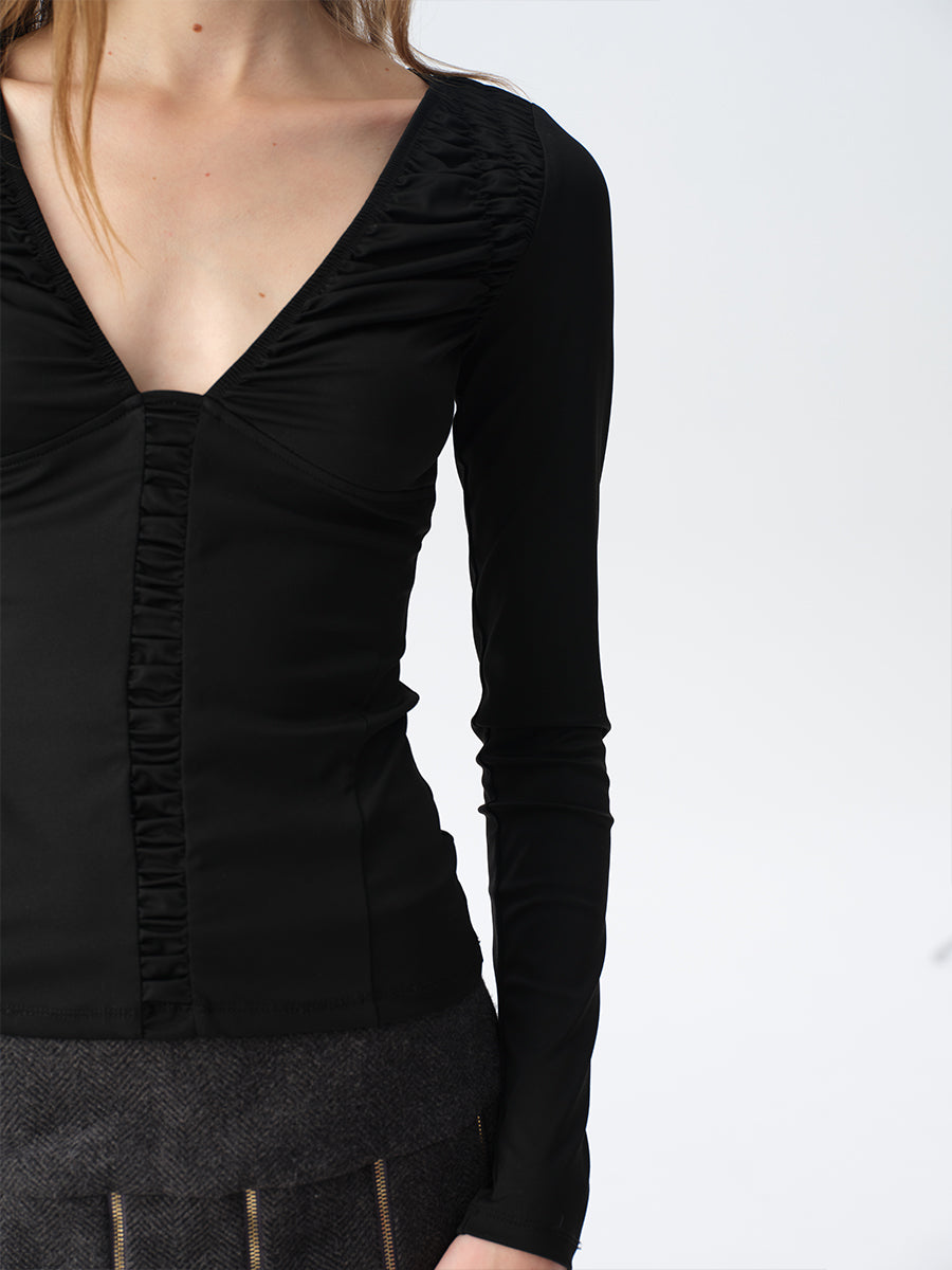 Dotyears Ruffled Plunging Neckline Top in Black & Purple