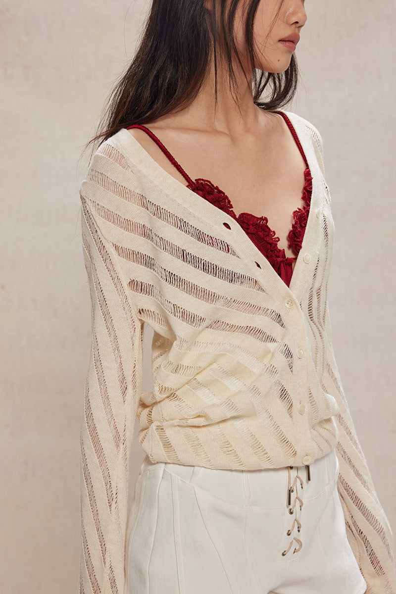 Dotyears24ss Cut-out thin silver thread knitted long-sleeved cardigan