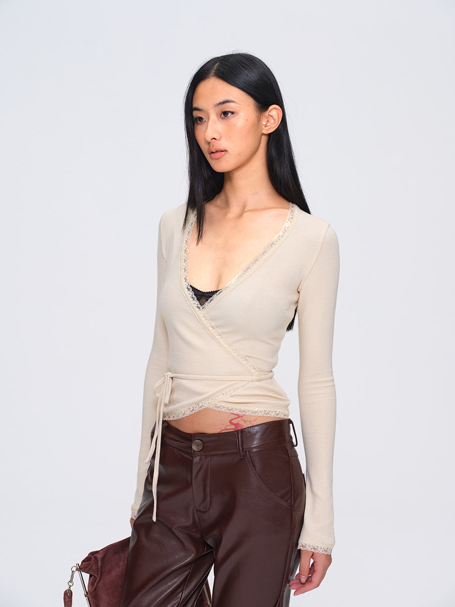 Dotyears Two-Tone Cross-Wrap Cardigan with Lace Insets